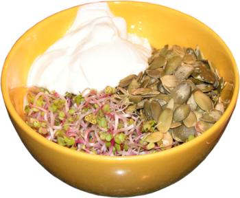 kie�ki rzodkiewki, pestki dyni, jogurt naturalny, porcelanowa miseczka
